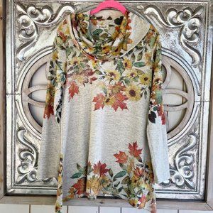 Fall Foliage Print  Wide Turtleneck Top - Size M